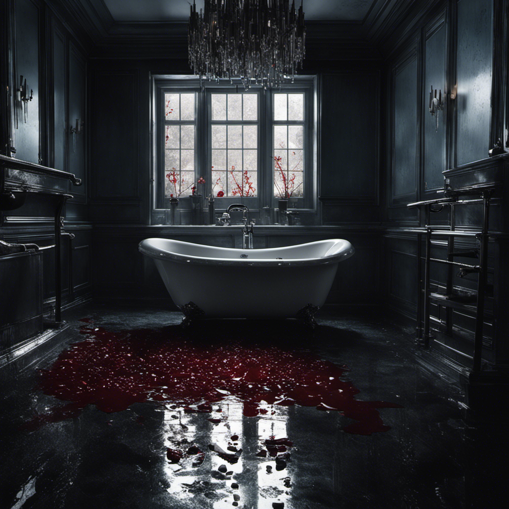 An image that captures the haunting ambiance of the pivotal bathtub scene from "13 Reasons Why," portraying a dimly lit bathroom, shattered fragments of a broken mirror, droplets of blood mingling with cascading water, and a solitary silhouette submerged in despair