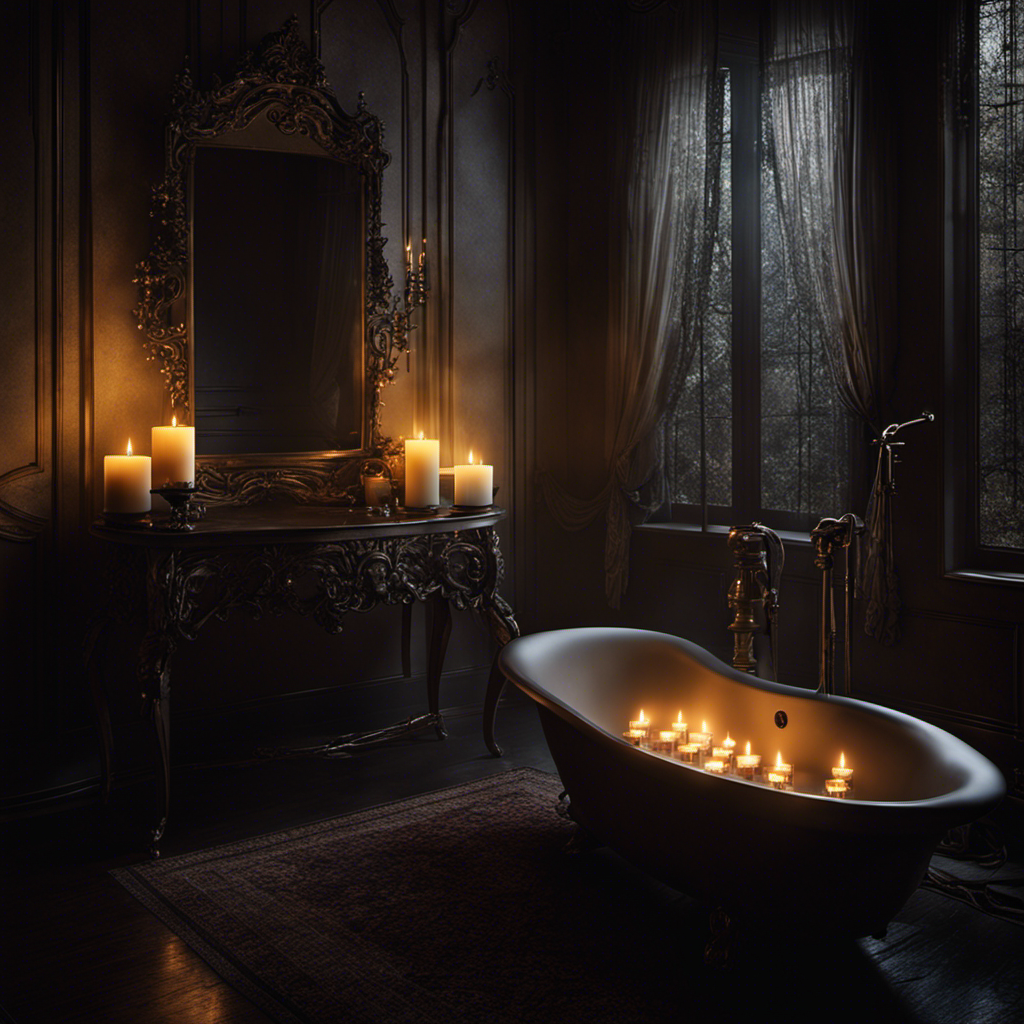 An image capturing the eerie stillness of a dimly lit bathroom, the reflection of a solitary bathtub filled with cascading water, surrounded by 13 candles flickering in the darkness