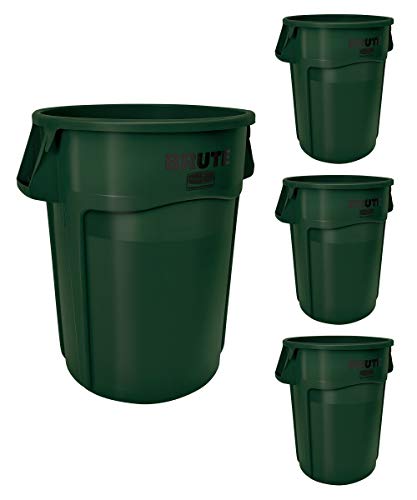 Rubbermaid Commercial Products BRUTE Heavy-Duty Round Trash/Garbage Can with Venting Channels, 44-Gallon, Green, Wastebasket for Home/Garage/Mall/Office/Stadium/Bathroom, Pack of 4