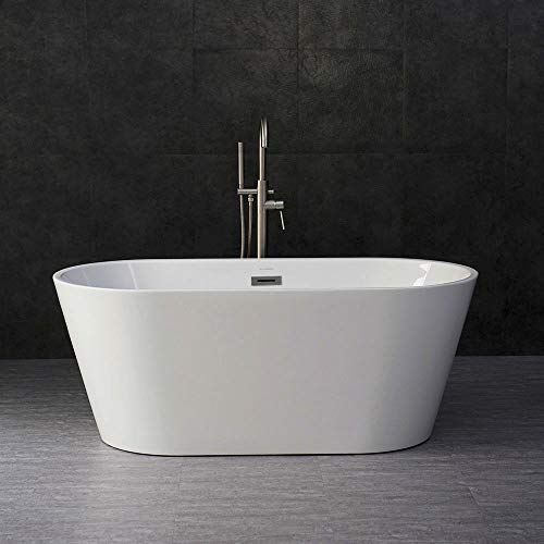 WOODBRIDGE 59" Acrylic Freestanding Bathtub Contemporary Soaking Tub with Brushed Nickel Overflow and Drain, B0014, White