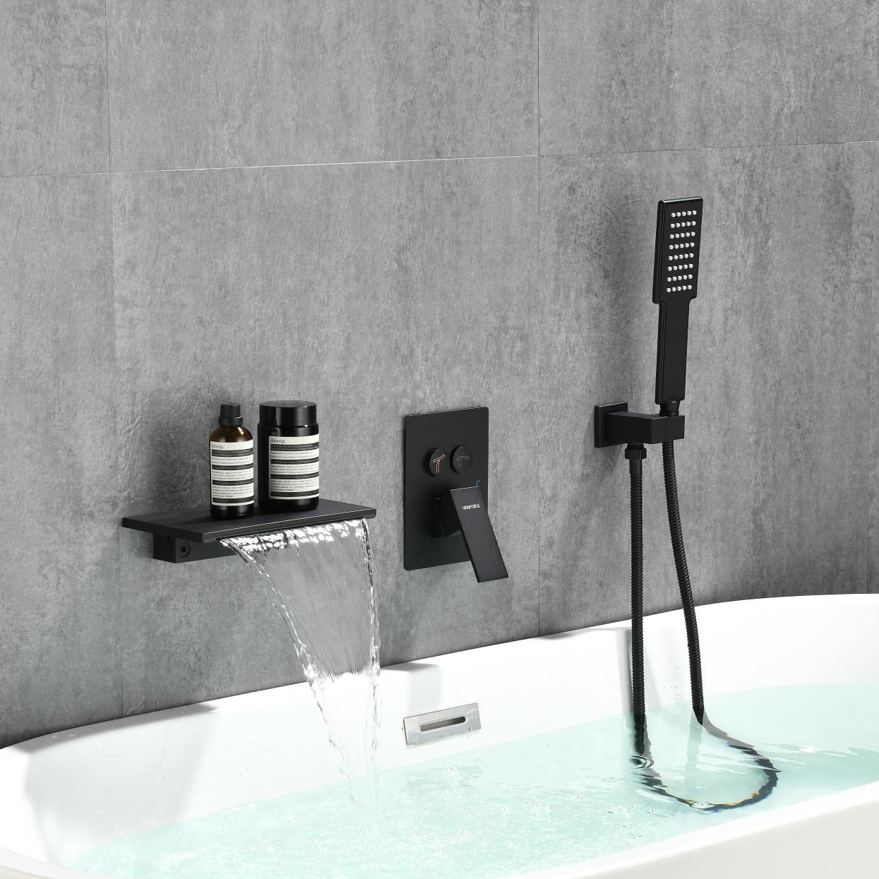 VANFOXLE Push-Button Waterfall Bathtub Faucet Set with Sprayer