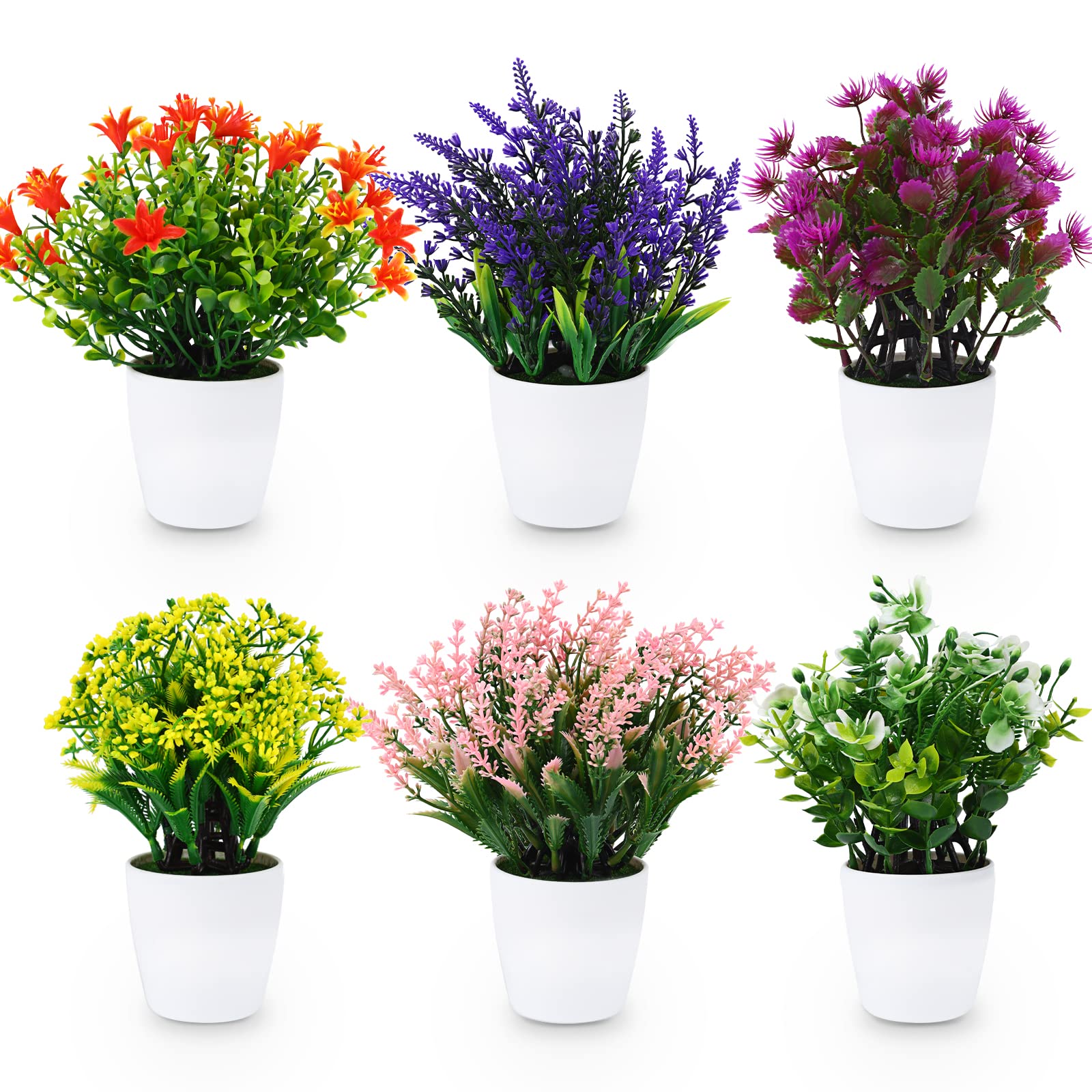 CEWOR Artificial Small Plant 6pcs Faux Plants Fake Flower Potted Plant for Indoor Window Tabletop Office Colorful Flower Plant Colorful Bathroom Decor White