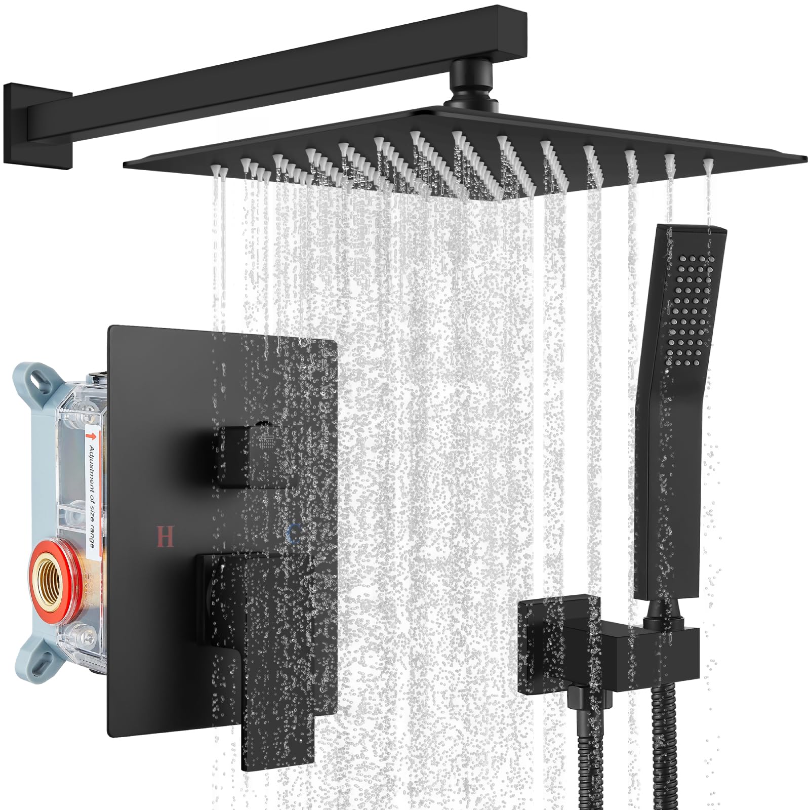 gotonovo Rain Shower System Matte Black Square 12 Inch Shower Head with Hand Held Shower Rough in Valve Rainfall Shower Complete Combo Set Wall Mounted Bathroom 12 inch Matte Black