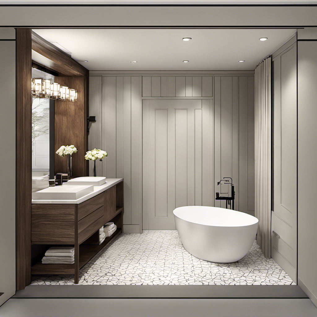 An image showcasing a meticulously measured bathroom floor plan with an 11-inch rough-in distance, featuring a sleek 11-inch rough-in toilet, perfectly aligned against the wall, surrounded by carefully selected tiles and a beautifully designed vanity