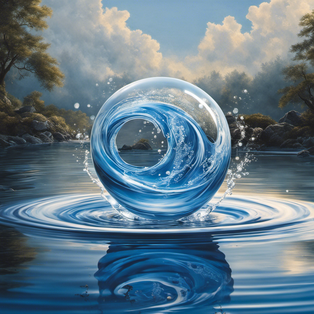 An image capturing the mesmerizing moment when a swirling vortex of water engulfs a sparkling air bubble, elegantly rising to the surface amidst a background of shimmering blue and white porcelain
