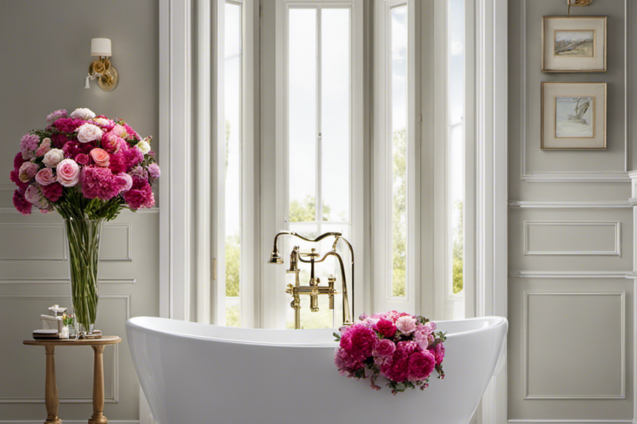 An image of a sparkling clean bathroom with a vibrant bouquet of fresh flowers sitting atop the toilet tank, surrounded by a bottle of air freshener and an open window, evoking a refreshing and odor-free atmosphere