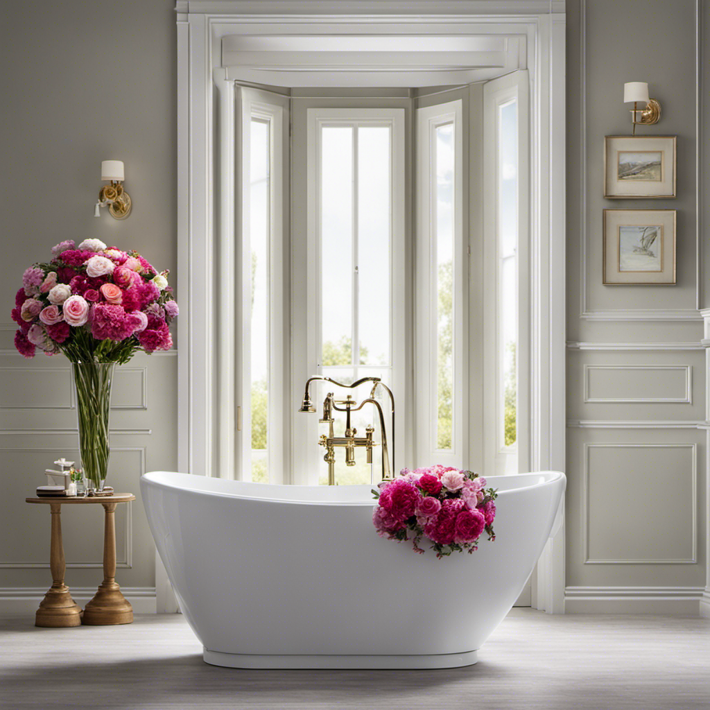 An image of a sparkling clean bathroom with a vibrant bouquet of fresh flowers sitting atop the toilet tank, surrounded by a bottle of air freshener and an open window, evoking a refreshing and odor-free atmosphere