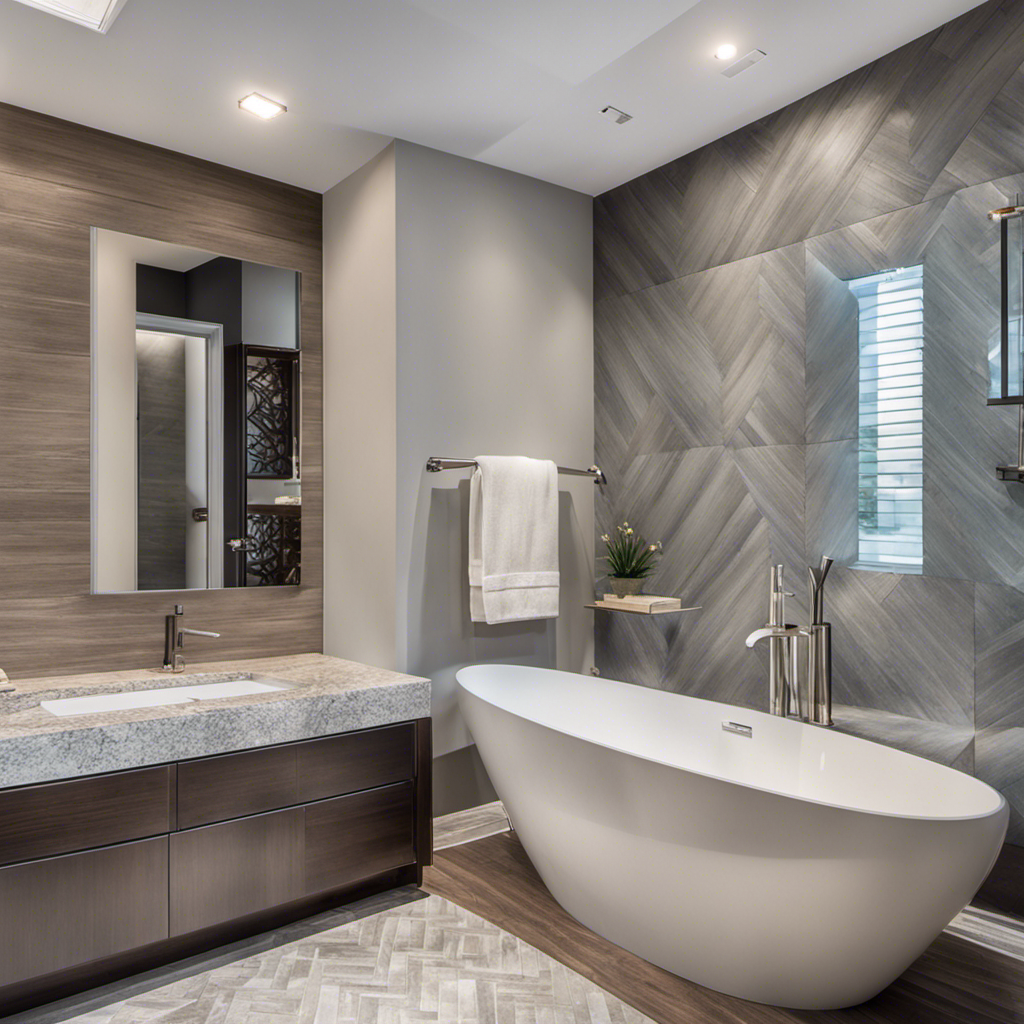 An image showcasing a spacious, modern bathroom with gleaming fixtures, a newly tiled shower, fresh paint, and elegant lighting
