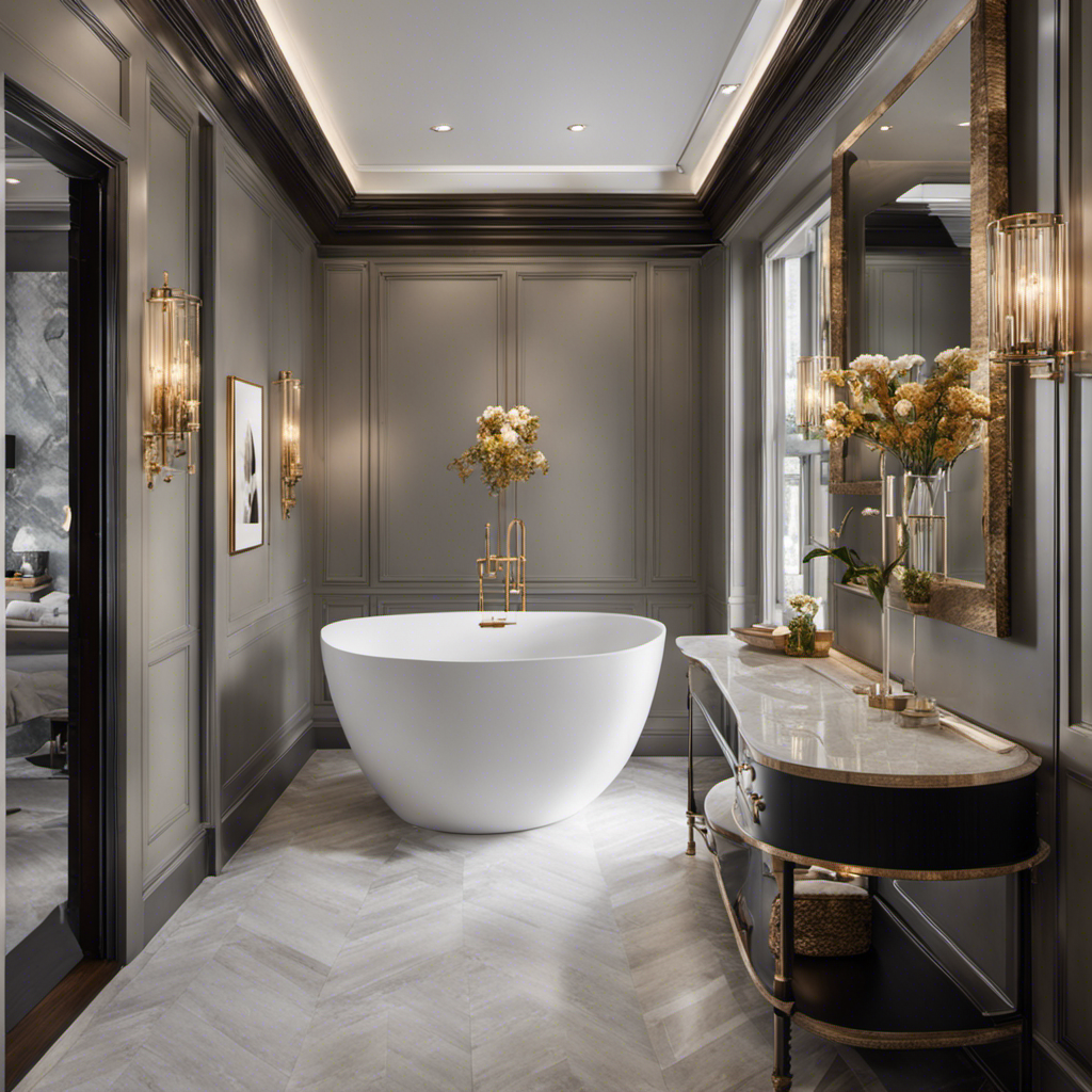 An image depicting a bathroom with a luxurious freestanding bathtub, custom-built vanity, high-end fixtures, and intricate tile work, showcasing the different factors and tips influencing bathroom remodeling costs