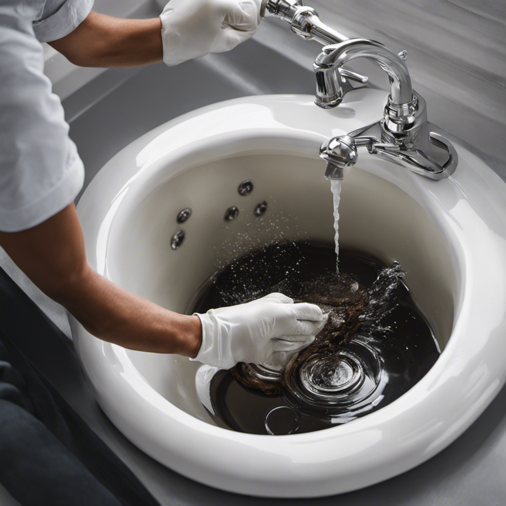 An image showcasing a pair of gloved hands reaching into a clogged bathtub drain, using a plunger to unclog it