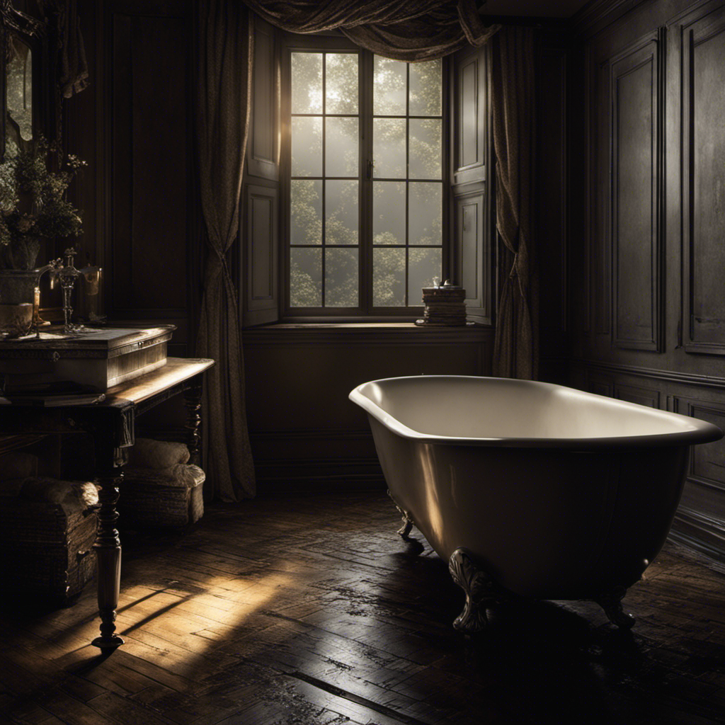An image capturing the eerie ambiance of a dimly lit bathroom, with a person standing in a vintage clawfoot bathtub