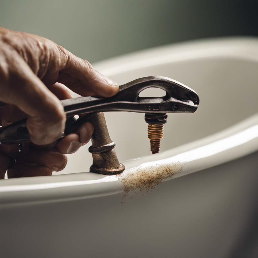An image that showcases a close-up shot of a hand gripping a pair of pliers, pulling out a rusty bathtub drain stopper