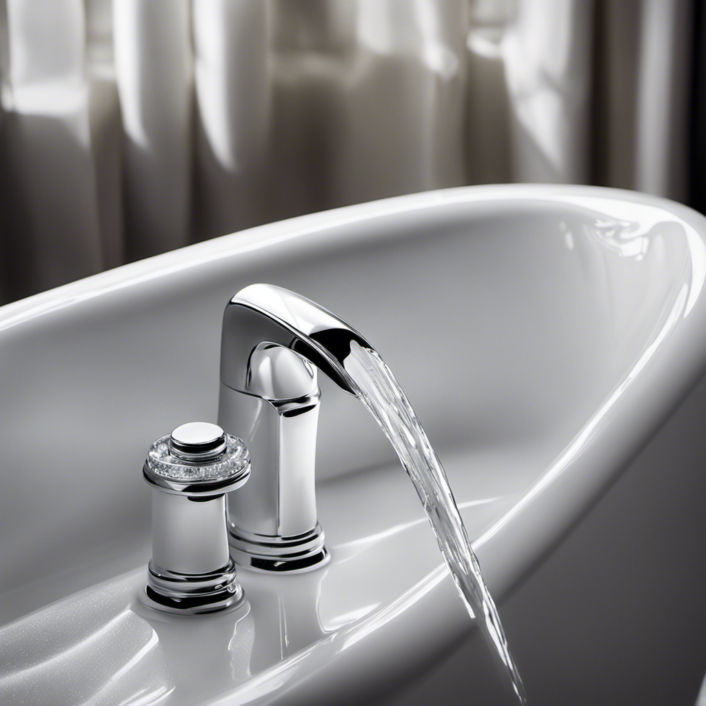 An image that showcases a close-up of a shiny silver bathtub faucet, droplets of water trickling down from its spout, pooling onto the pristine white porcelain, illustrating a frustrating leak even when the faucet is turned off