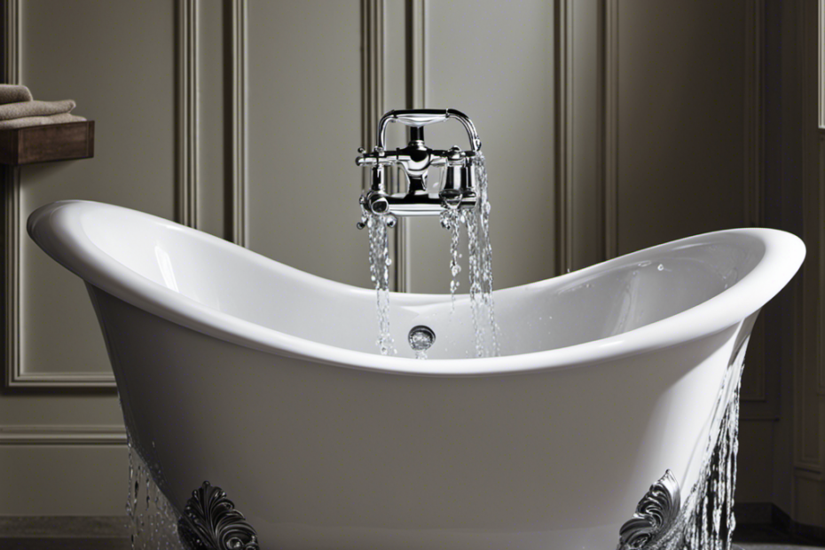 An image showing a close-up view of a bathtub's faucet, with water droplets forming on the spout, splashing onto the floor below