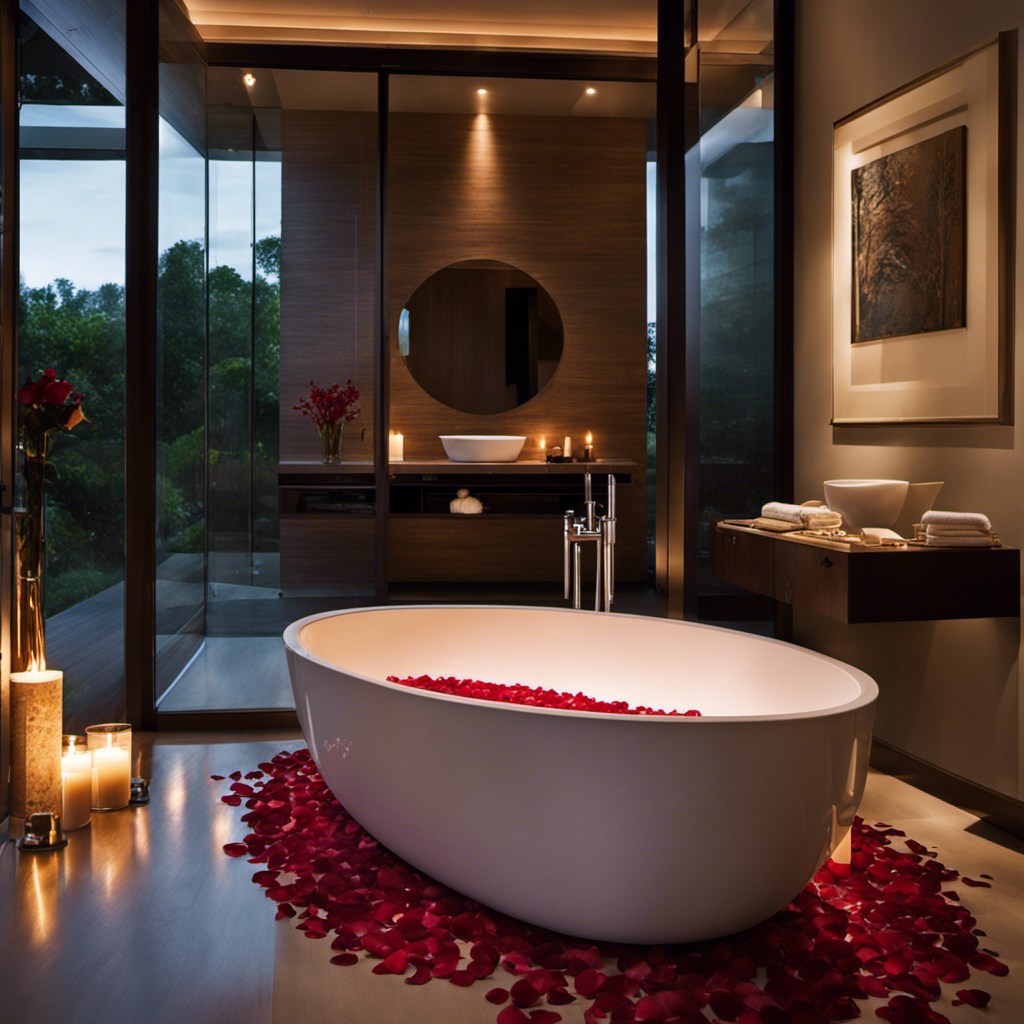 An image contrasting a serene, candlelit bathroom with a freestanding bathtub filled with rose petals, against a modern, glass-enclosed shower with sleek fixtures and a rainfall showerhead