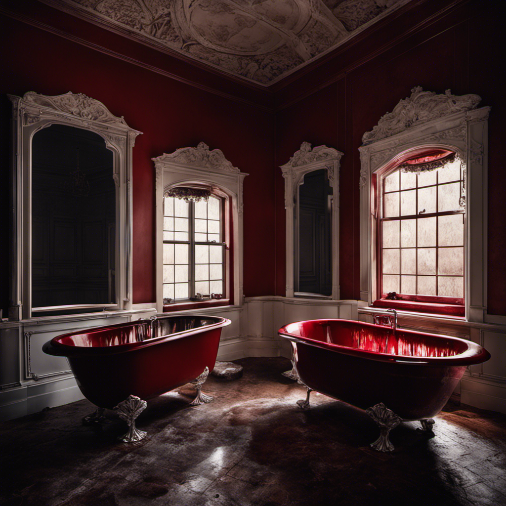 An image showcasing a dimly lit, abandoned bathroom with two identical clawfoot bathtubs