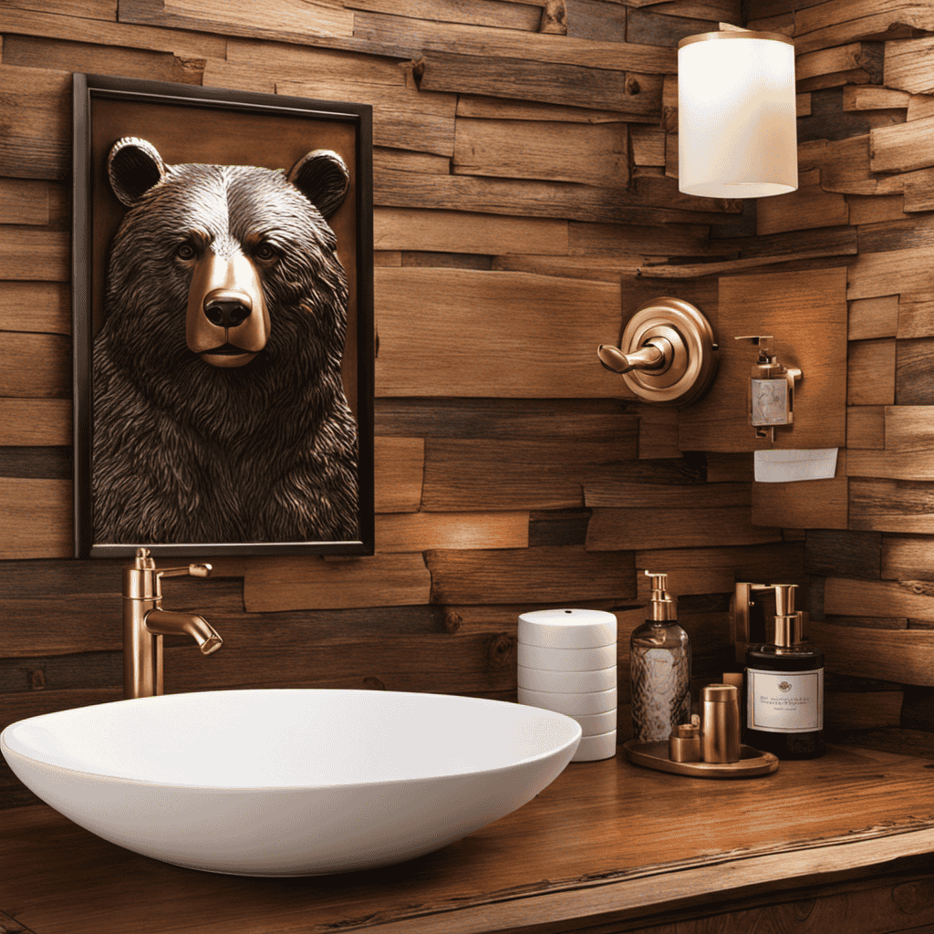 An image showcasing a cozy bathroom adorned with rustic wooden walls and warm lighting