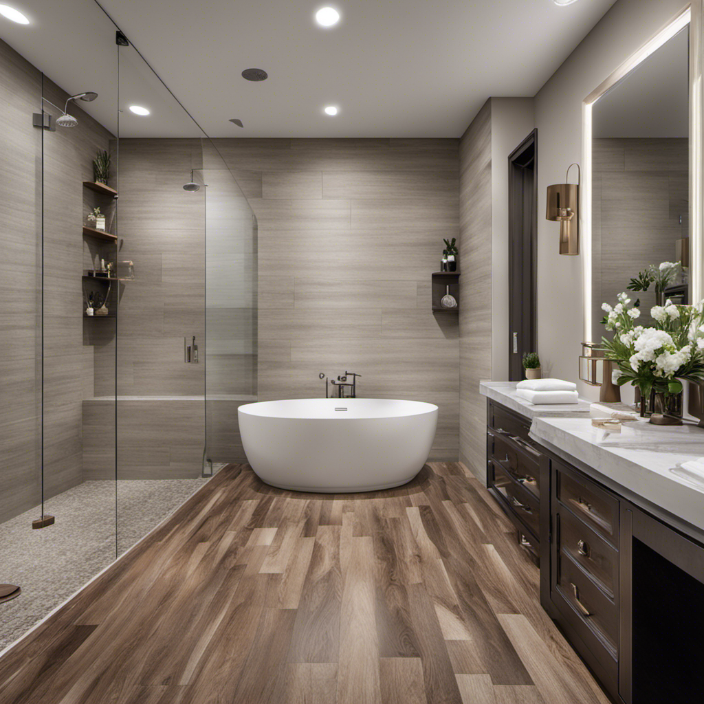 An image showcasing a modern bathroom with various flooring samples: polished solid hardwood, elegant engineered hardwood, sleek laminate, versatile vinyl, chic tile, durable rubber, and soft carpet