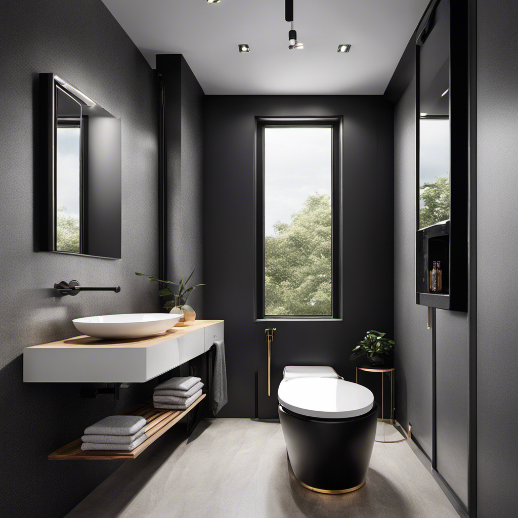 An image showcasing a sleek, contemporary bathroom with a black toilet as the focal point
