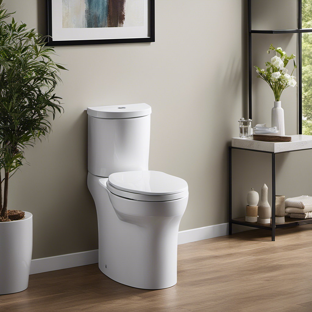 An image showcasing four stylish, top-rated comfort height toilets side by side: a sleek Kohler with chrome accents, a modern Toto with a slim profile, American Standard's classic design, and WoodBridge's contemporary dual-flush model