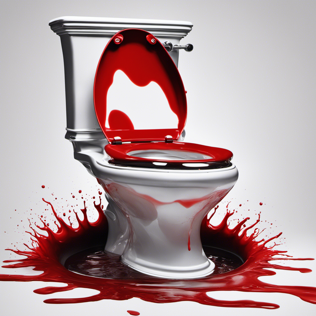 An image capturing a toilet bowl filled with clear water, a bright red swirl of blood slowly spreading from a single point, mingling with the water, and dissipating into a lighter shade as it nears the edges