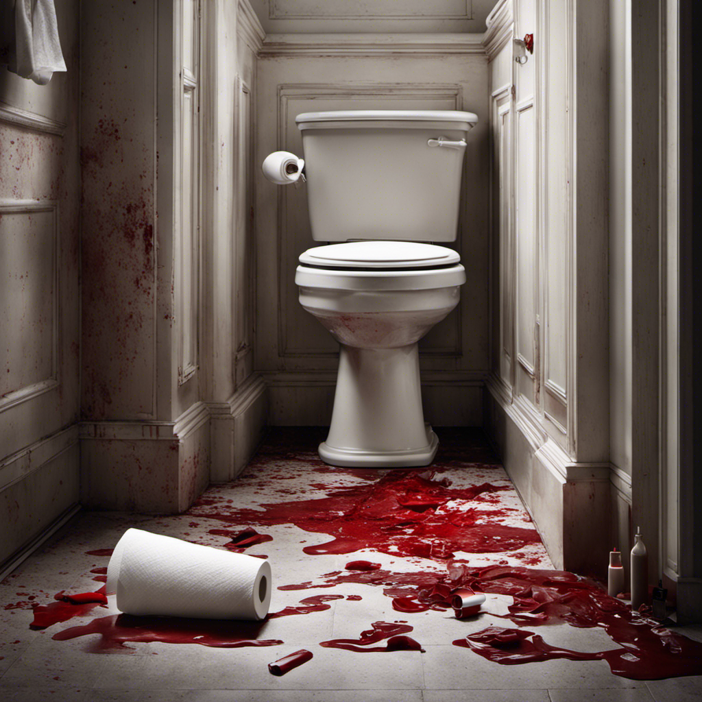 An image capturing the vulnerability of everyday routines, depicting a stark-white bathroom, dimly lit, with blood-streaked toilet paper gently cradled in a trembling hand, revealing the silent anguish of "Blood on Toilet Paper When I Wipe