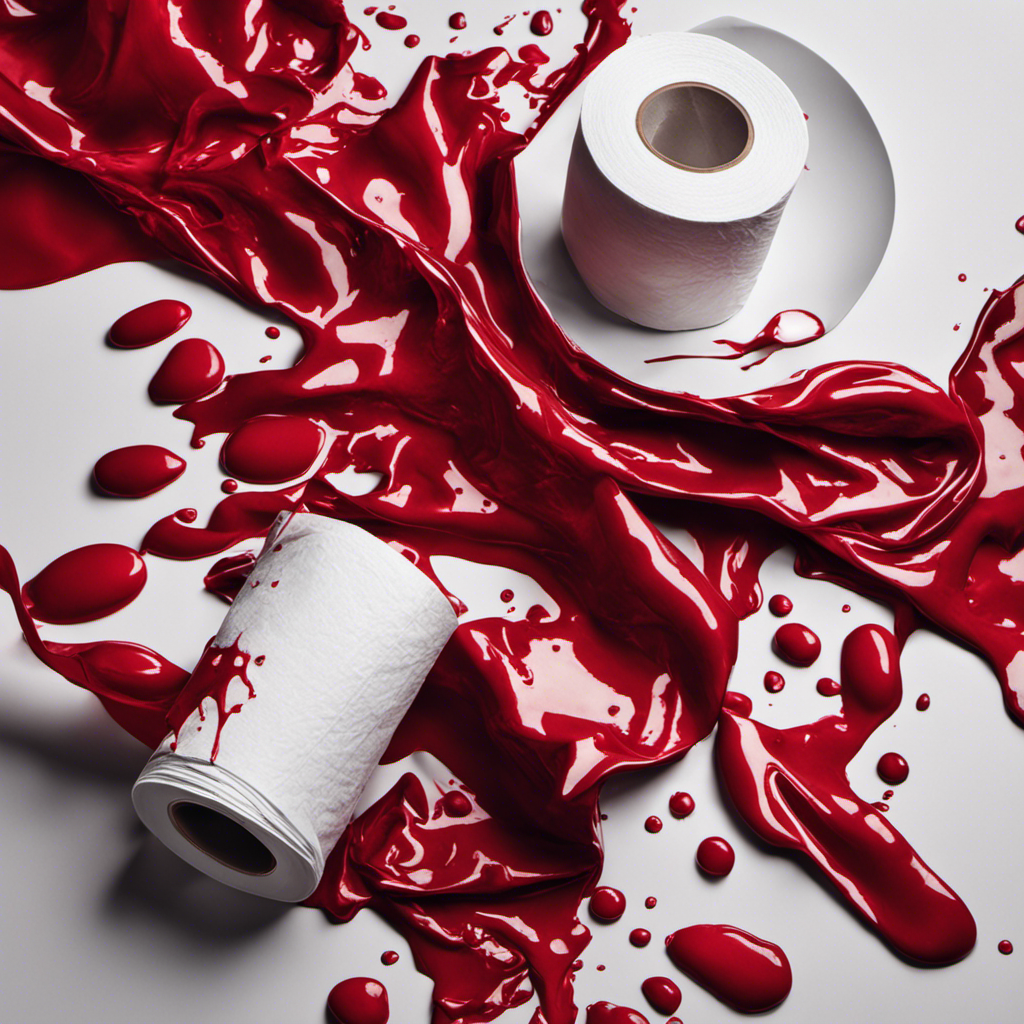 An image capturing a close-up view of crumpled, white toilet paper stained with vibrant crimson blood, highlighting the contrast between the pristine paper and the alarming presence of blood droplets
