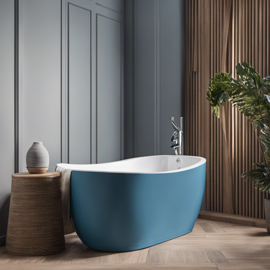 An image showcasing a serene bathroom with a blue wood toilet seat as the focal point