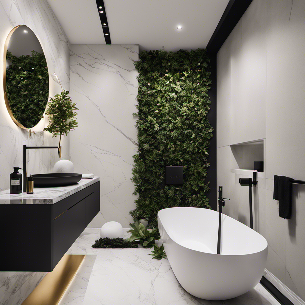 An image showcasing a sleek, minimalist bathroom with a stunning black toilet as the centerpiece