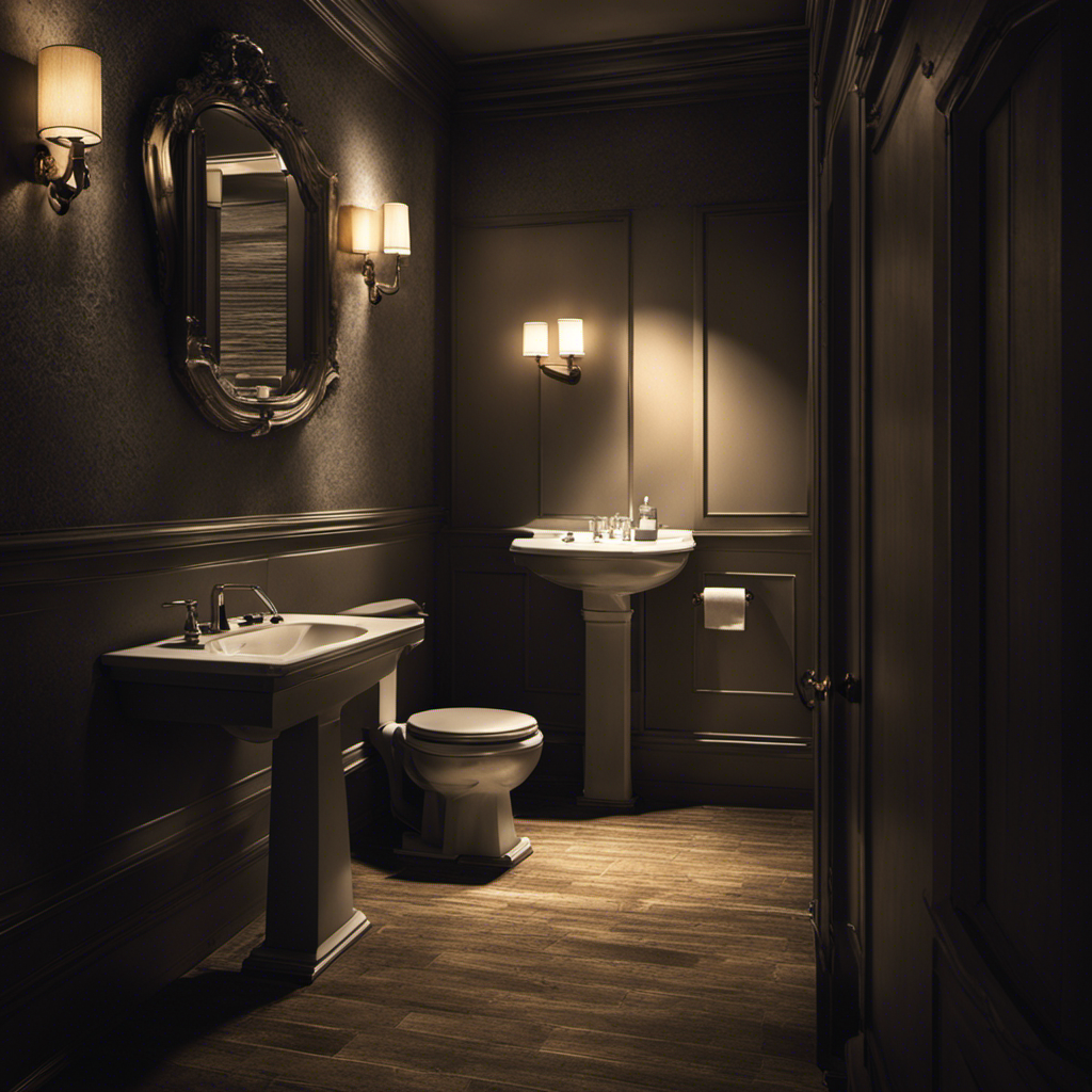 An image capturing a dimly lit bathroom, with a perplexed individual staring at a non-functional toilet, as a flashlight casts eerie shadows on the walls