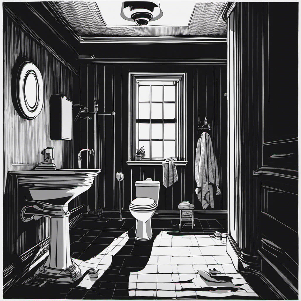 An image showing a dimly lit bathroom with a closed toilet lid, surrounded by darkness, while a person hesitates, holding a flashlight, wondering if they can flush the toilet during a power outage