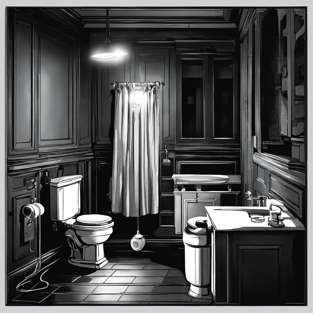 An image showcasing a dark bathroom, with a closed toilet lid and a person holding a flashlight, highlighting the emergency water shut-off valve