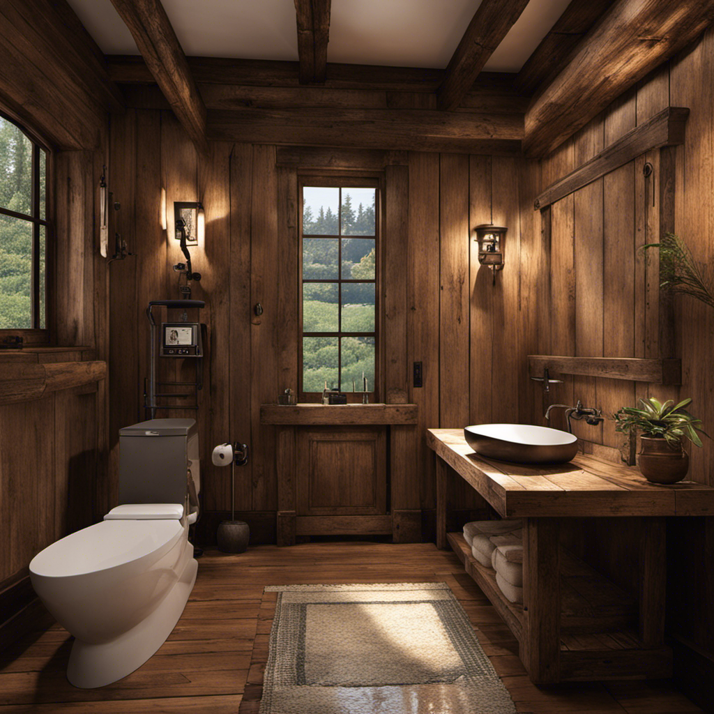An image showcasing a rustic bathroom with a well pump system