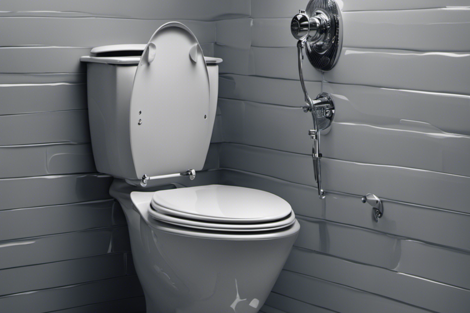 An image showcasing a closed toilet lid with a hand firmly gripping the handle, while water trickles out from beneath it, symbolizing the frustration of attempting to flush the toilet when the water supply is turned off