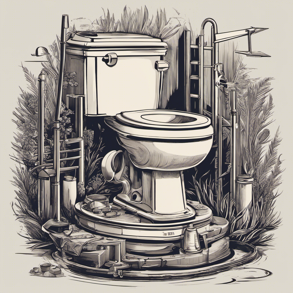 An image showcasing a toilet bowl with visibly low water level and an arrow pointing towards a possible cause, such as a faulty flapper valve, alongside various tools and replacement parts for fixing the issue