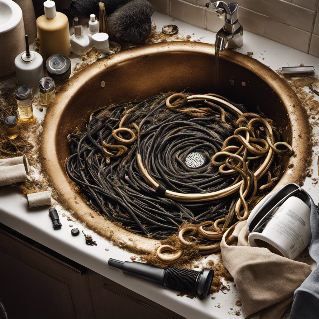 An image featuring a close-up view of a tangled mess of hair, soap scum, and debris blocking a bathroom drain