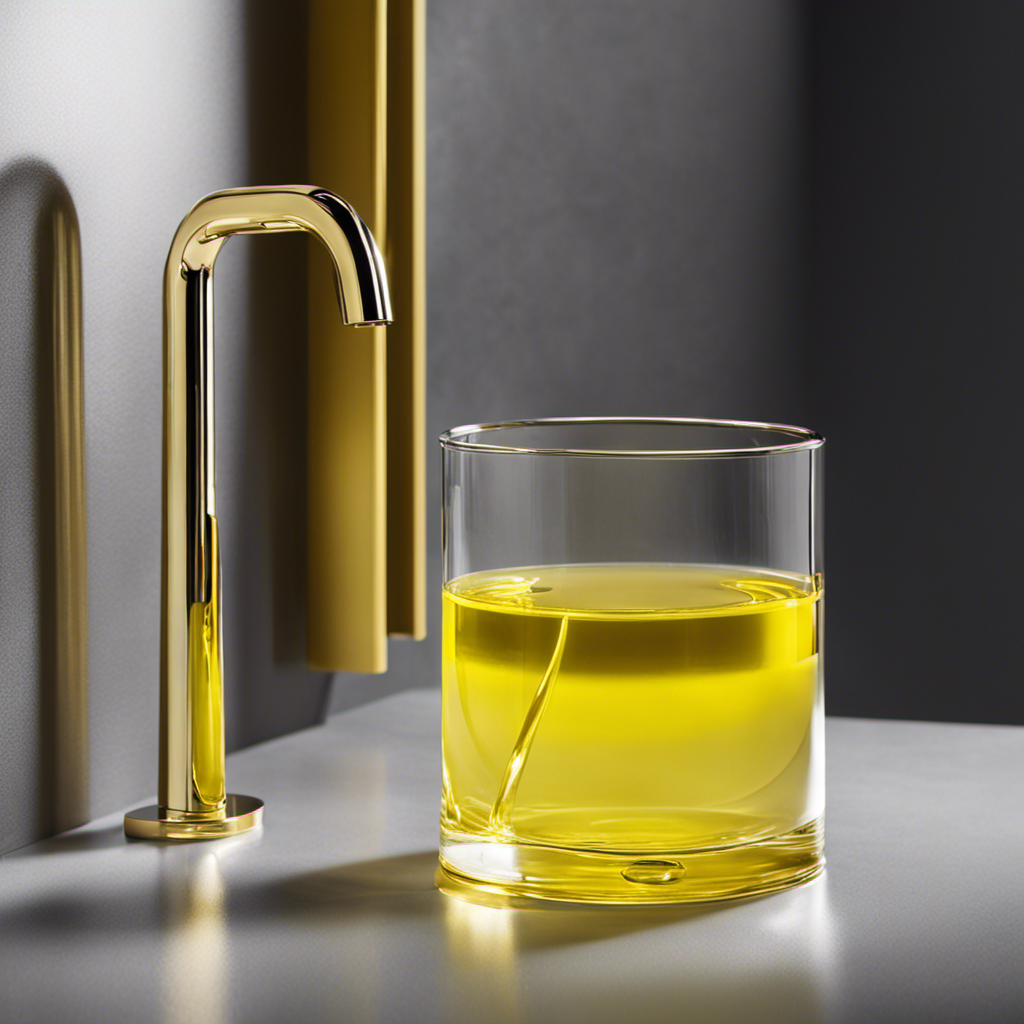 An image showcasing a serene bathroom scene with a clear glass toilet tank filled with vivid yellow water