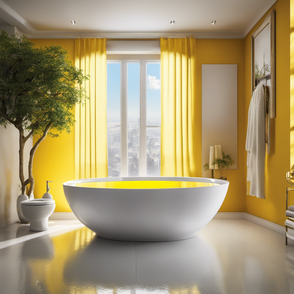 An image depicting a serene bathroom scene: a sparkling white toilet bowl filled with clear water turning into a vibrant yellow hue