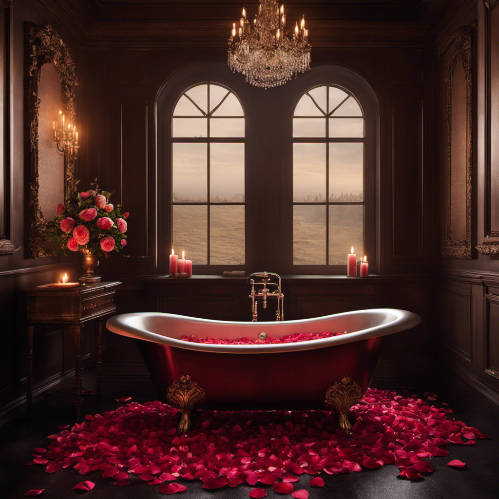 An image that captures the eerie ambiance of a dimly lit bathroom, showcasing a vintage clawfoot bathtub filled with rose petals and surrounded by flickering candles, evoking the tragic stories of celebrities who met their untimely demise in similar settings