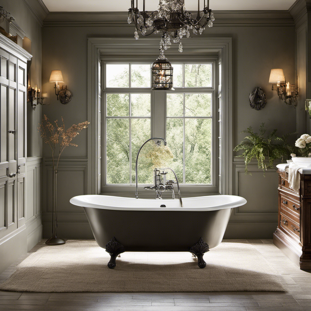An image capturing a tranquil, vintage-inspired bathroom with a cast-iron clawfoot bathtub as its centerpiece