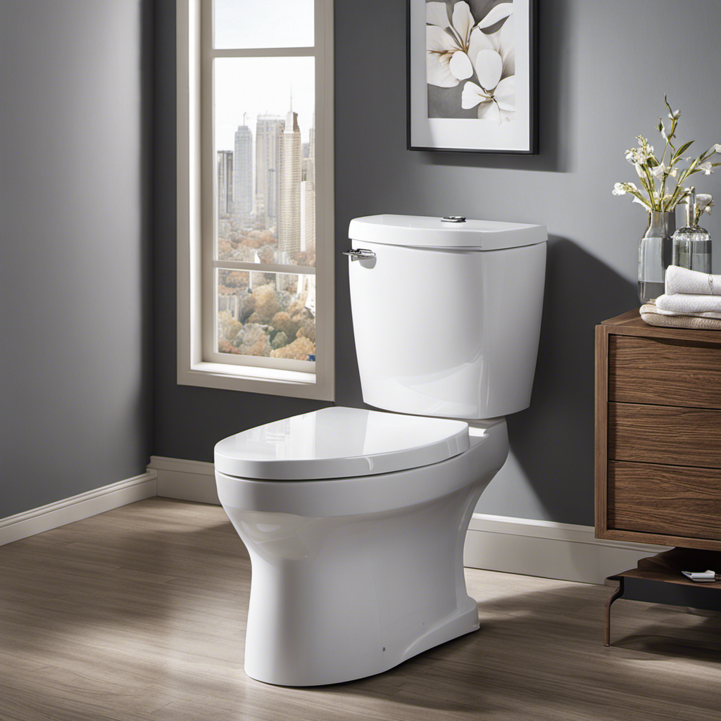 An image showcasing an elegant bathroom with a modern, low flow toilet as the centerpiece