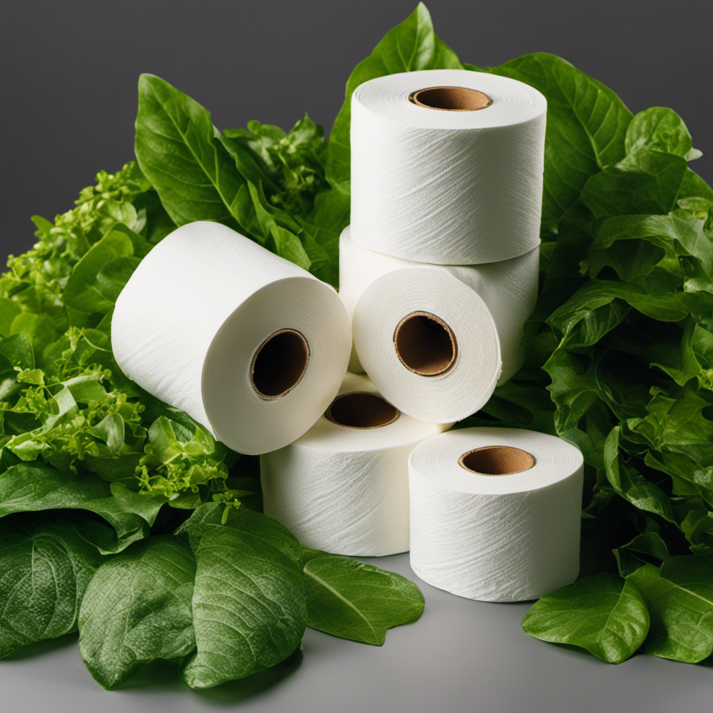 An image showcasing a stack of biodegradable, chlorine-free RV toilet paper rolls with a leafy green background