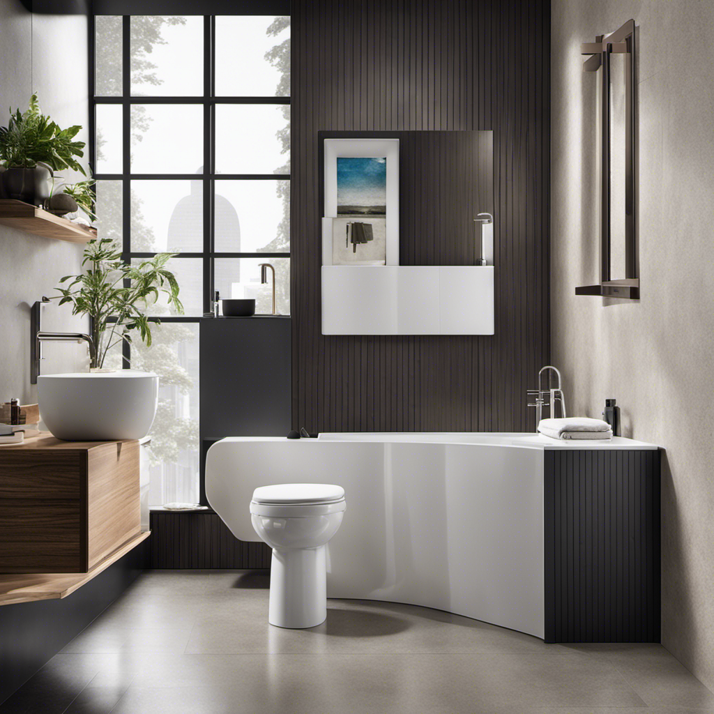 An image showcasing a spacious, sleek bathroom with a modern comfort height toilet, featuring an elongated bowl, ADA compliant grab bars, and a raised seat for maximum accessibility and ultimate comfort