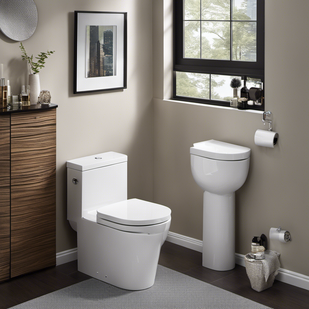An image showcasing a cozy, compact bathroom with a round toilet perfectly nestled against the wall