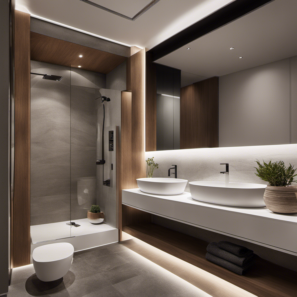 An image featuring a sleek, modern bathroom with a variety of toilet options, showcasing factors like water-saving mechanisms, cleanliness features, ergonomic design, and efficient flush systems for a hygienic and functional space