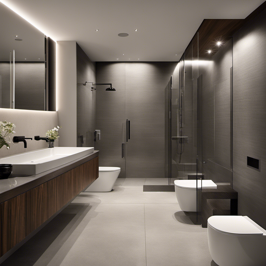An image showcasing a sleek, minimalist bathroom with a wall-mounted toilet