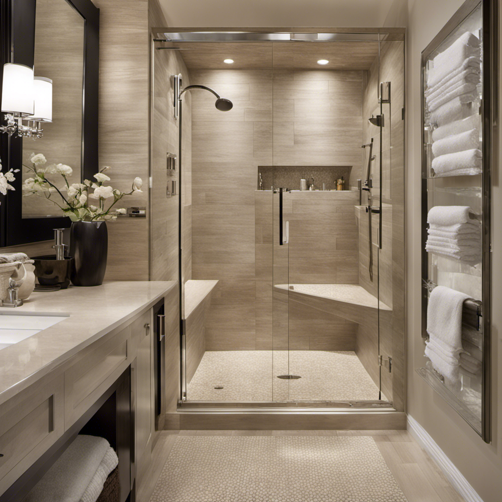 An image showcasing a sparkling, pristine shower with gleaming glass doors, porcelain tiles devoid of grime, and chrome fixtures reflecting light, all bathed in a soft, fresh scent