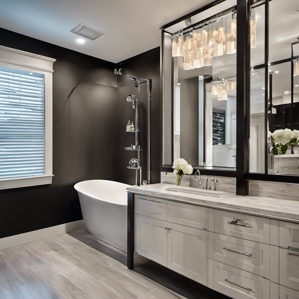 An image that showcases a well-lit bathroom with a sleek, stainless steel shower curtain rod effortlessly spanning the width of a luxurious bathtub, perfectly complementing the modern tiles and elegant decor