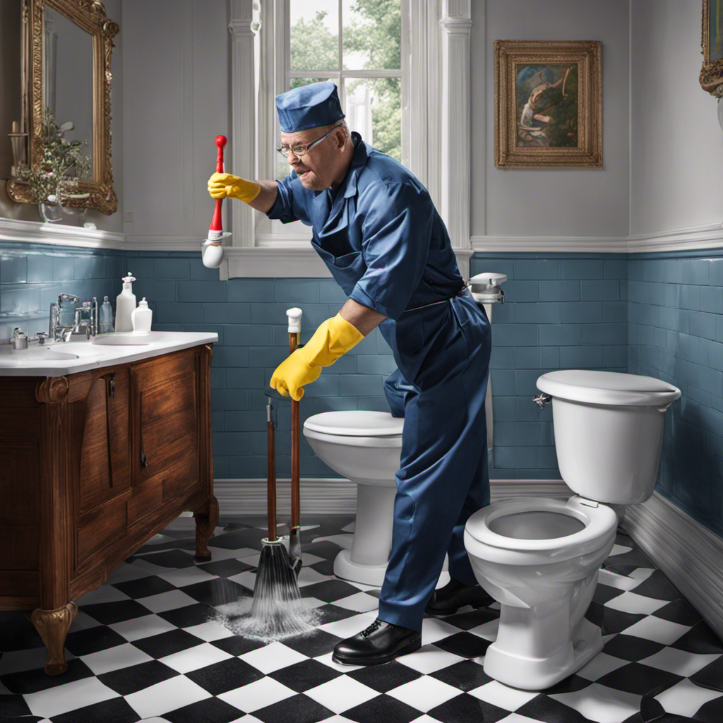 An image showcasing a person wearing rubber gloves, gripping a plunger with both hands, exerting force on a stubbornly clogged toilet