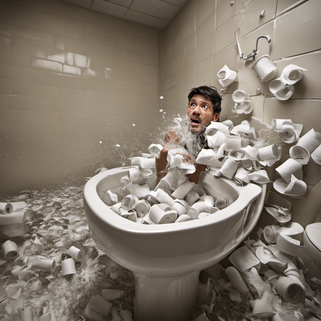 An image capturing a frustrated person in a bathroom, plunging vigorously into a clogged toilet, surrounded by overflowing water and scattered toilet paper, highlighting the urgency and exasperation of dealing with a clogged toilet